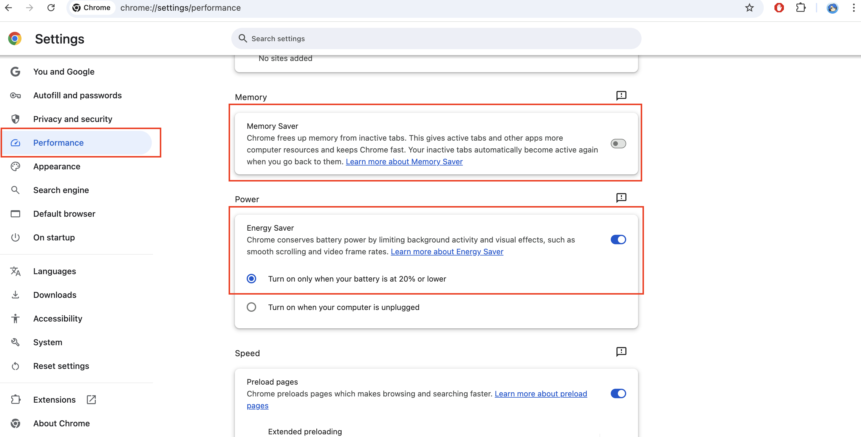 Performance Settings